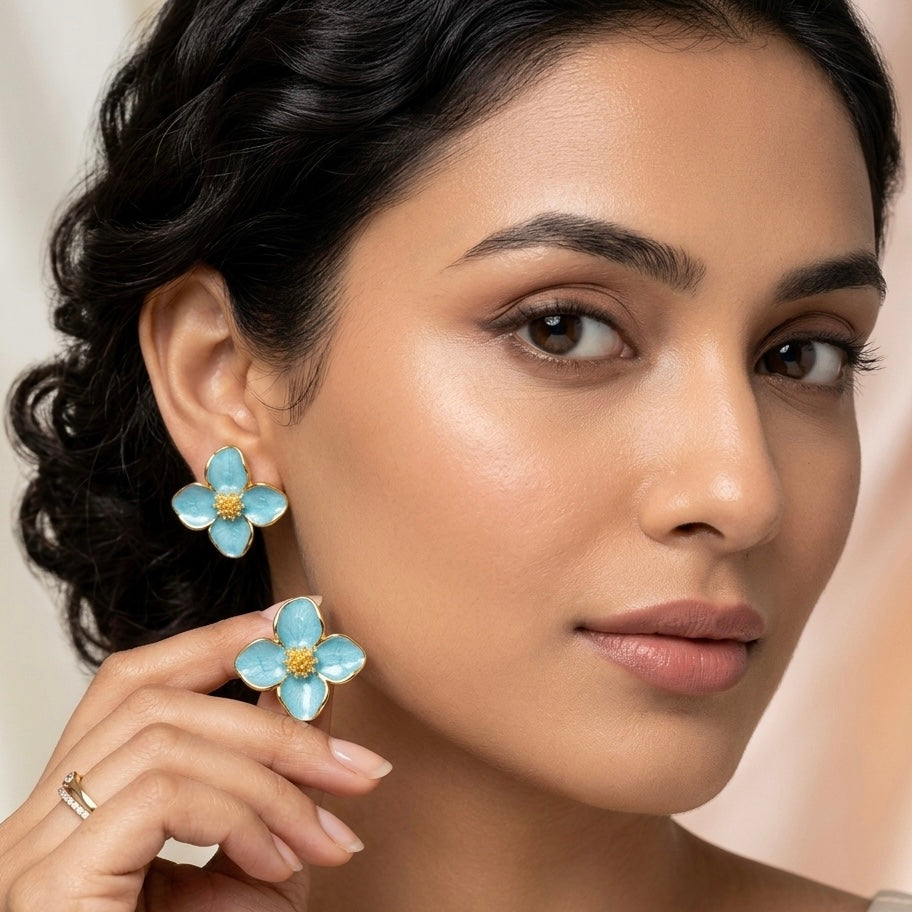 Turquoise Blossom Enamel Studs Earrings