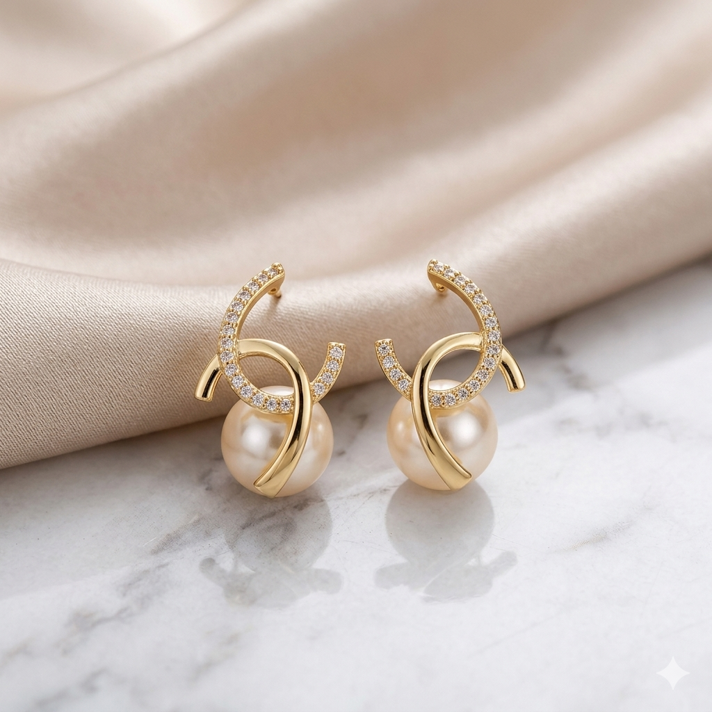 Gold Interlocking Loop Pearl Studs