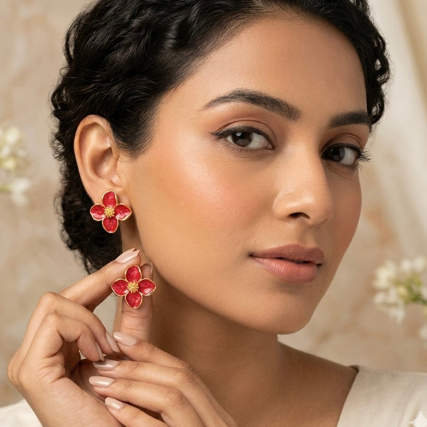 Red Enamel Floral Stud Earrings