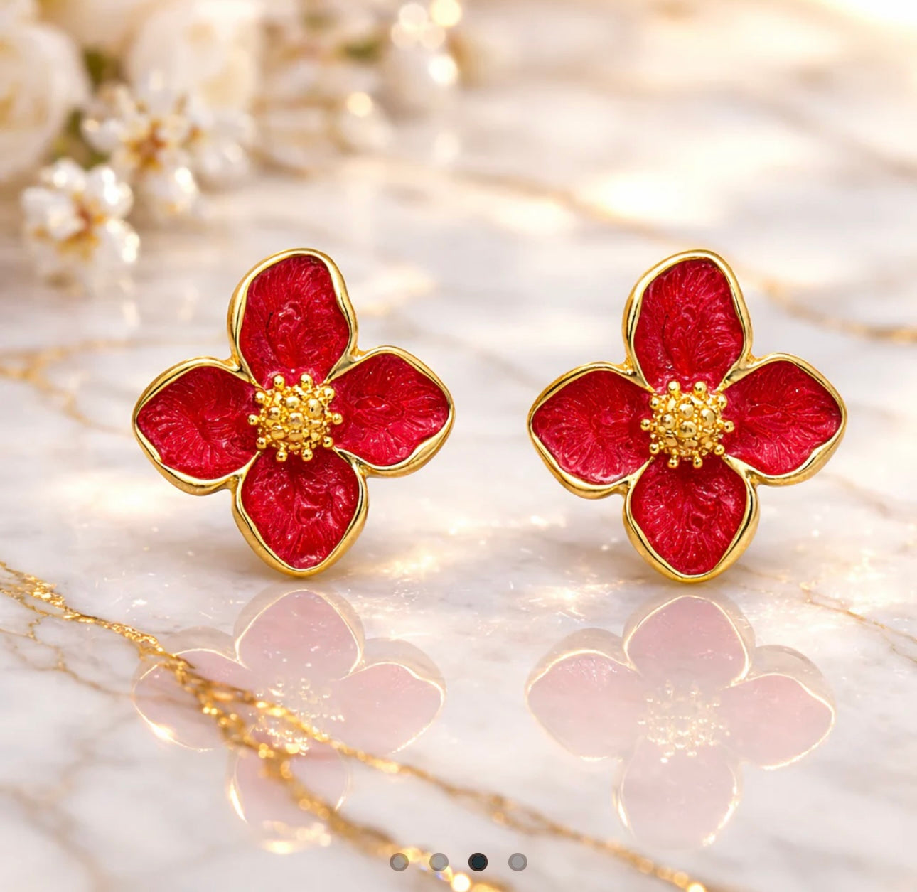 Red Enamel Floral Stud Earrings