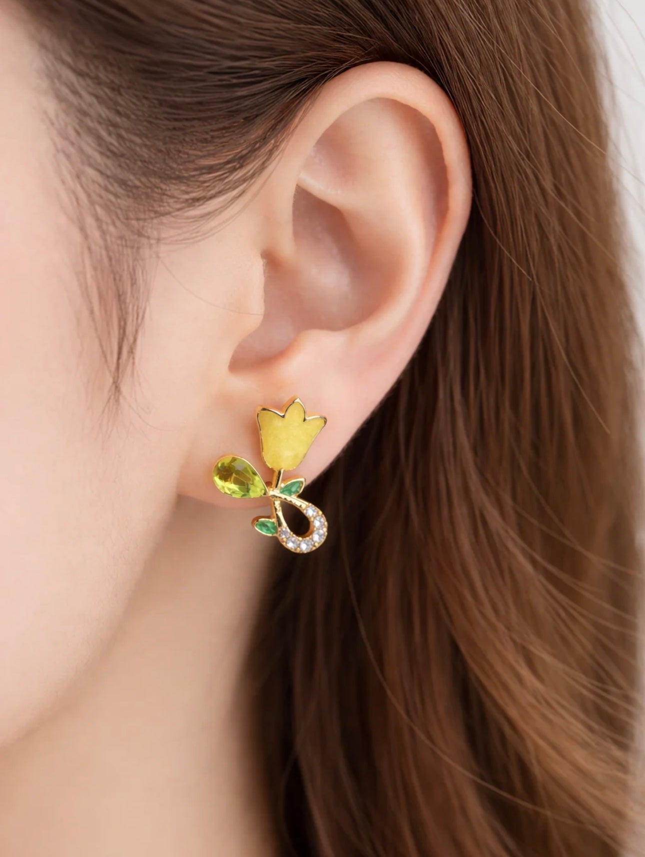 Yellow Floral Crystal Stud Earrings