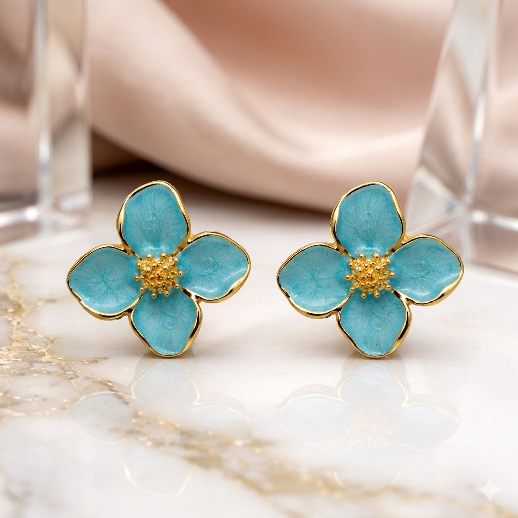 Turquoise Blossom Enamel Studs Earrings