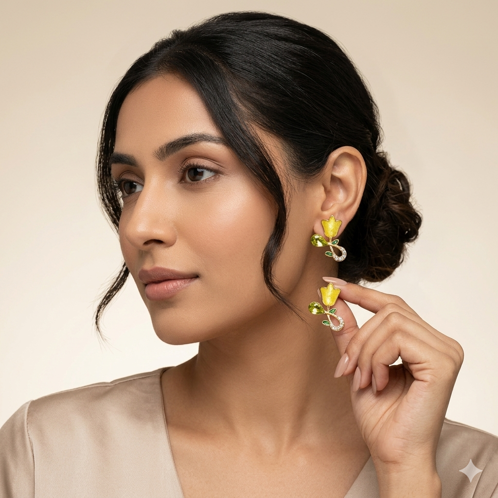 Yellow Floral Crystal Stud Earrings