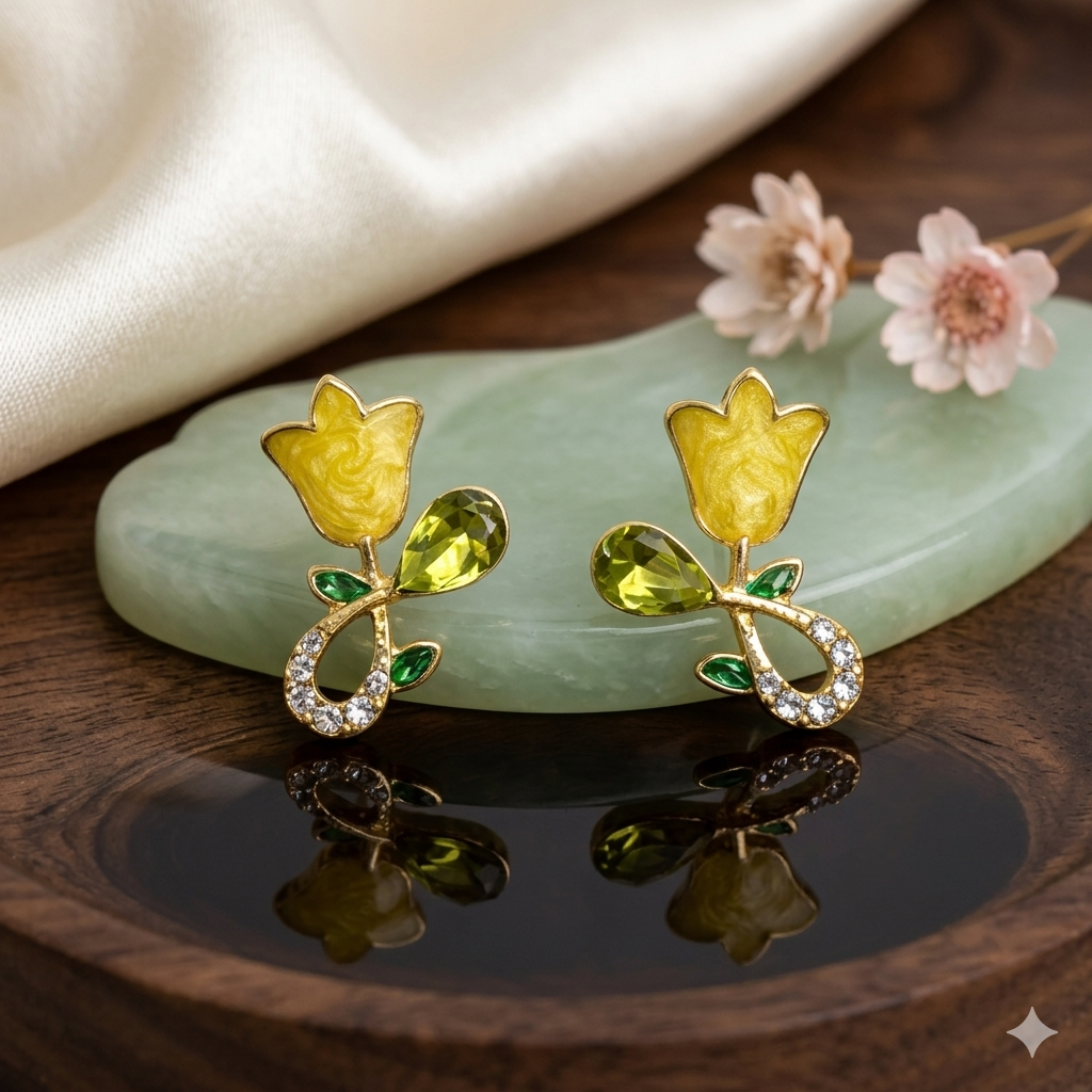 Yellow Floral Crystal Stud Earrings